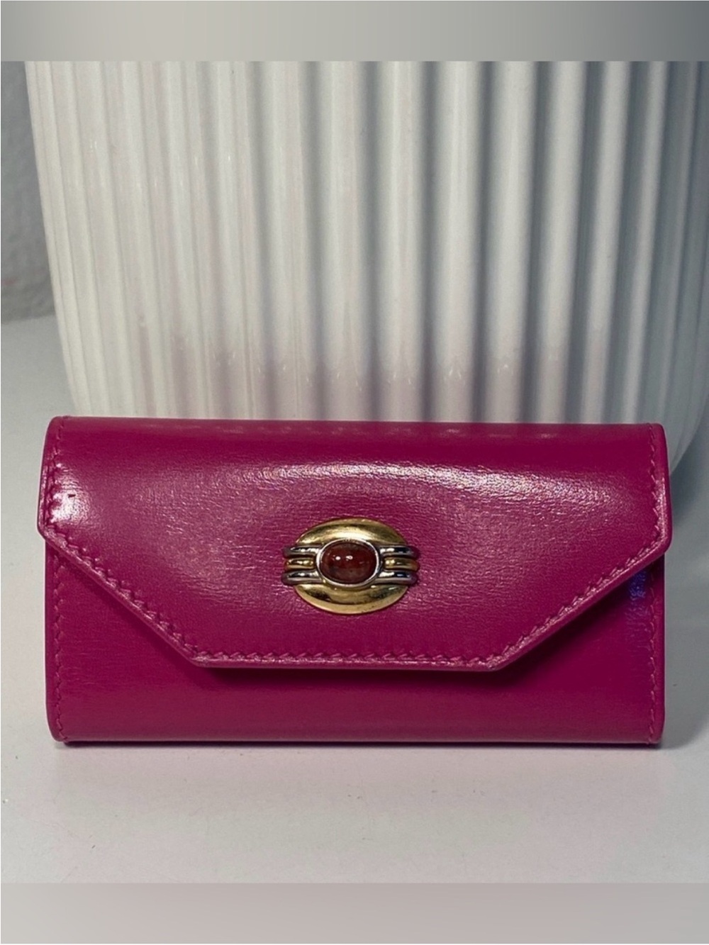 Gucci Fuchsia Leather cabochon Card Case with Gold-Tone Emblem vintage - Picture 8 of 9